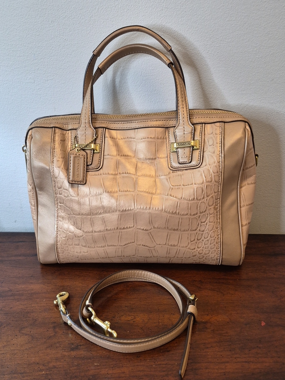Coach Croc-Embossed Leather Satchel in Light Beige